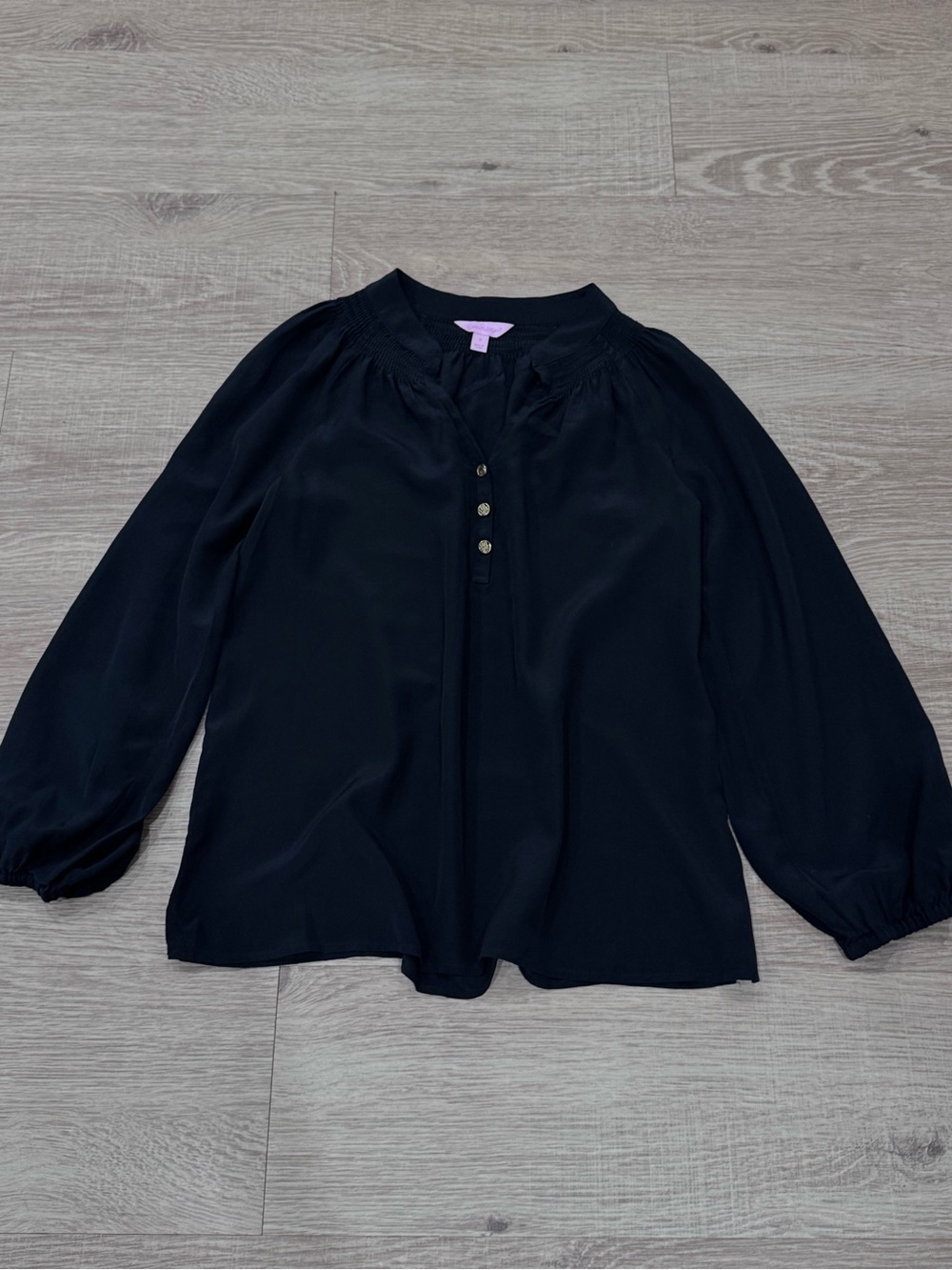 Lilly Pulitzer 100% Silk Black Blouse Gold Logo Buttons Smocked Neck Size S
